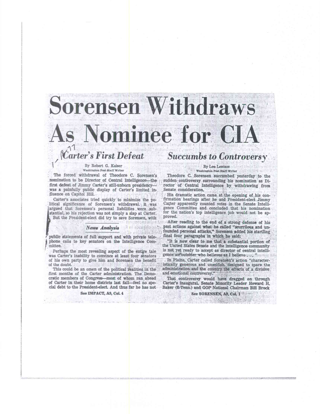 Sorensen Withdraws As Nominee for CIA 11 Fl(Arter's First Defeat Succumbs to Controversy by Robert G