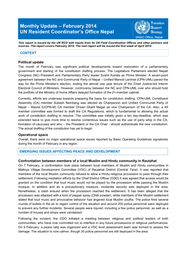 Monthly Update – February 2014 UN Resident Coordinator’S Office Nepal