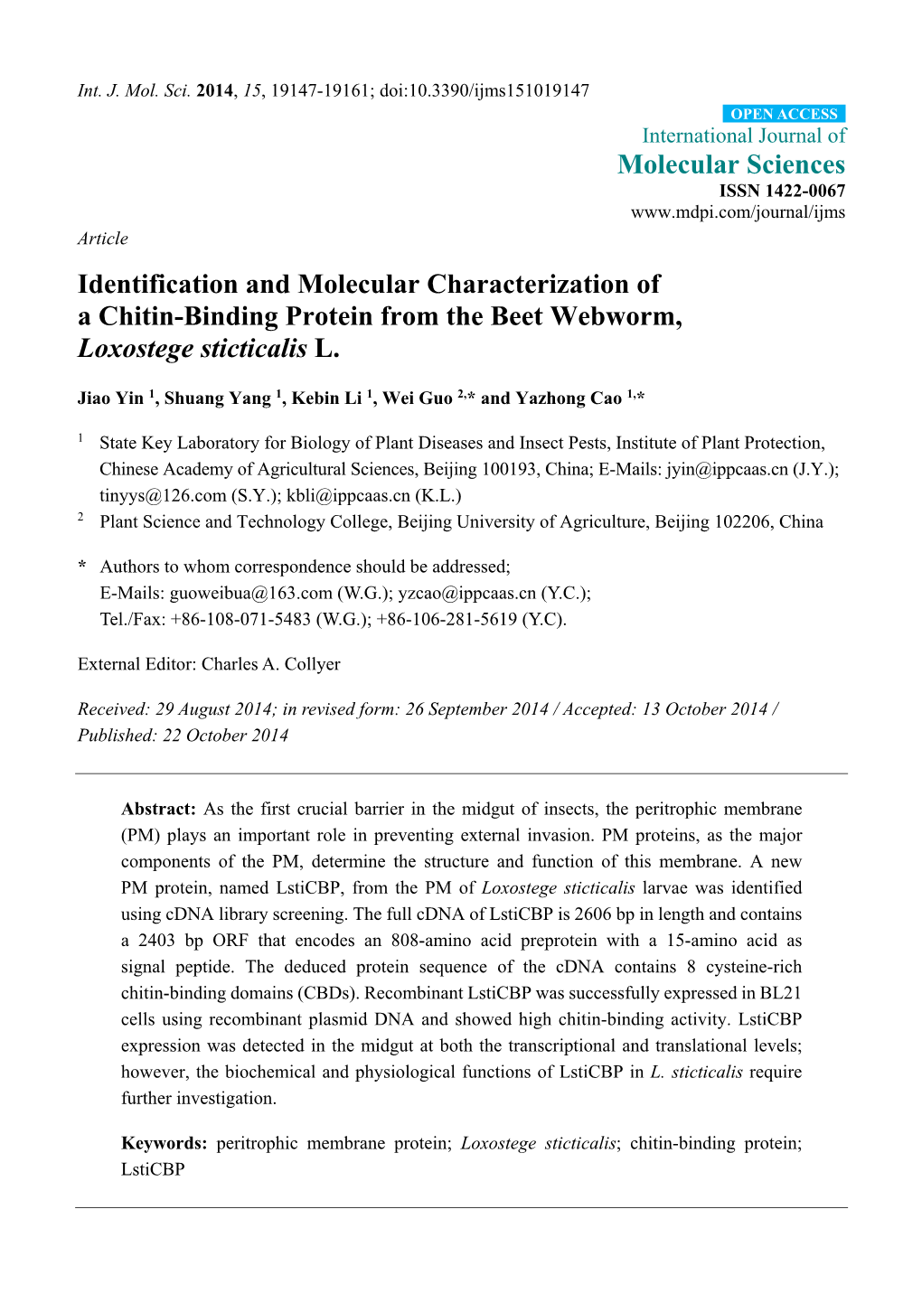 Identification and Molecular Characterization of a Chitin-Binding Protein from the Beet Webworm, Loxostege Sticticalis L