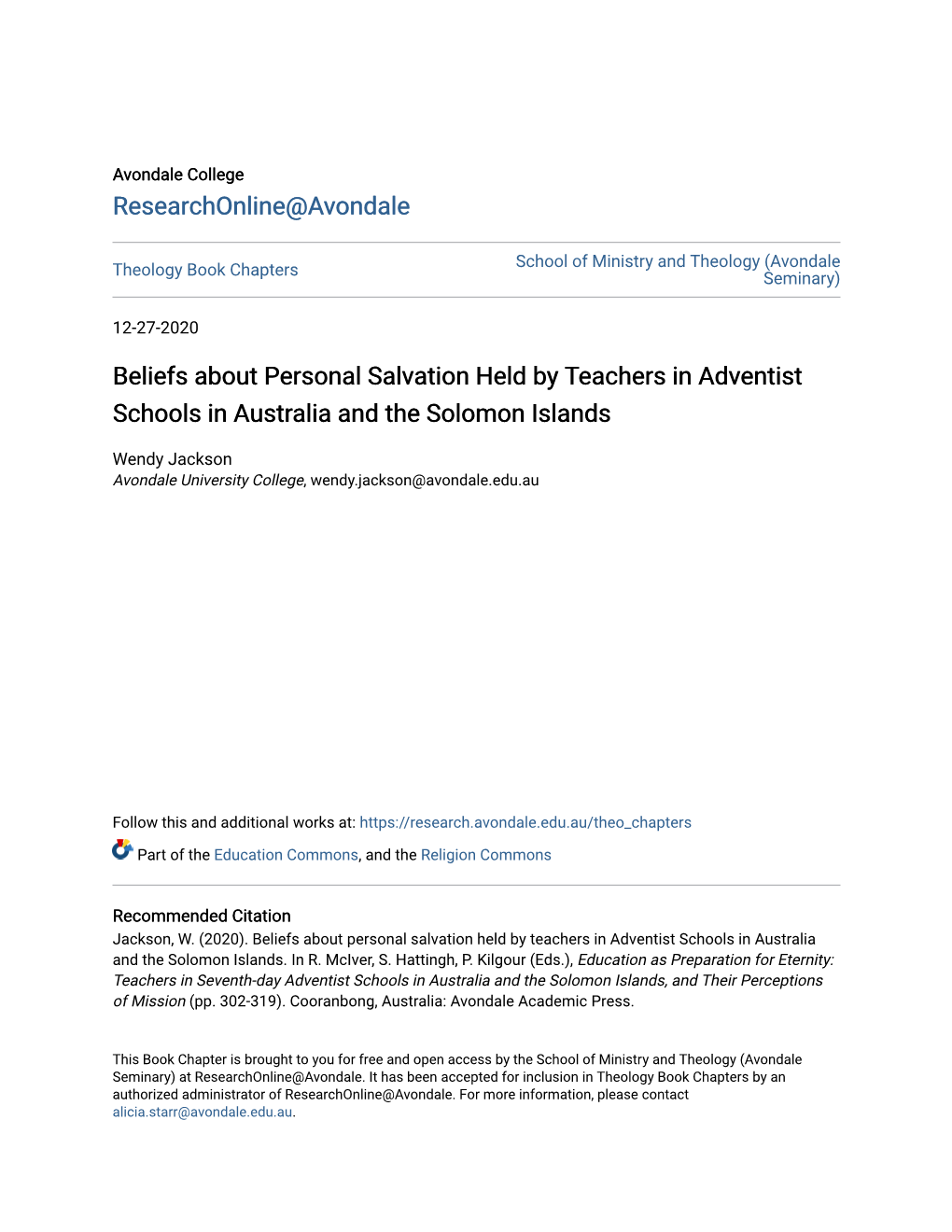 Beliefs About Personal Salvation Held by Teachers in Adventist Schools in Australia and the Solomon Islands