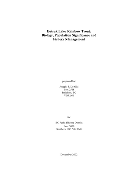 Eutsuk Lake Rainbow Trout: Biology, Population Significance and Fishery Management