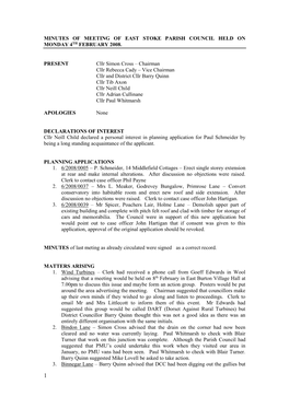 Minutes of Meeting of East Stoke Parish Council Held on Monday 4Th February 2008