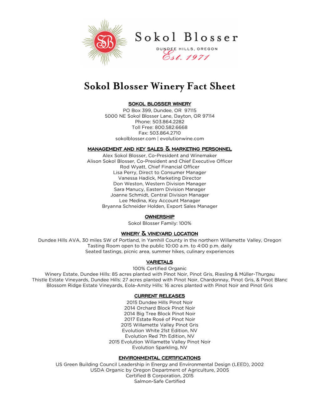 Sokol Blosser Winery Fact Sheet