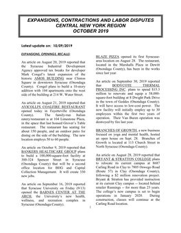 Expansions, Contractions and Labor Disputes Central New York Region October 2019