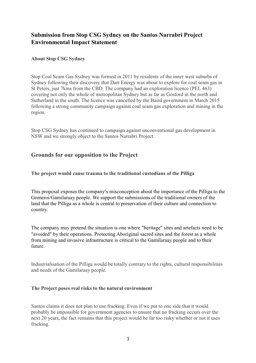 Submission from Stop CSG Sydney on the Santos Narrabri Project Environmental Impact Statement