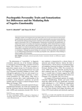 Psychopathic Personality Traits and Somatization: Sex Differences and the Mediating Role of Negative Emotionality