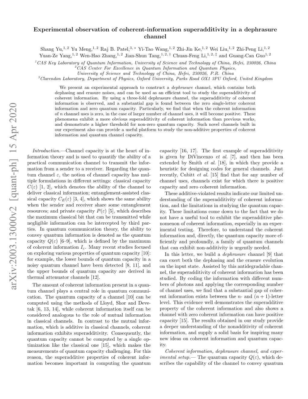 Experimental Observation of Coherent-Information Superadditivity in a Dephrasure Channel