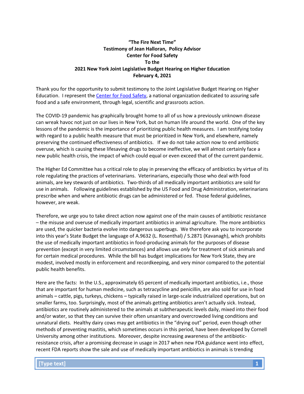 Center for Food Safety to the 2021 New York Joint Legislative Budget Hearing on Higher Education February 4, 2021