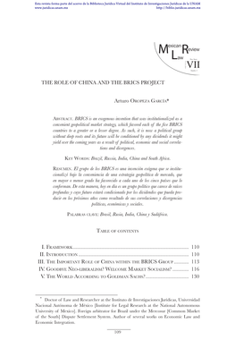 THE ROLE of CHINA and the BRICS PROJECT Arturo OROPEZA