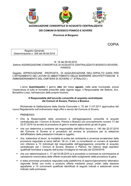 AGGREGAZIONE CONSORTILE DI ACQUISTO CENTRALIZZATO DEI COMUNI DI BOSSICO PIANICO E SOVERE Provincia Di Bergamo