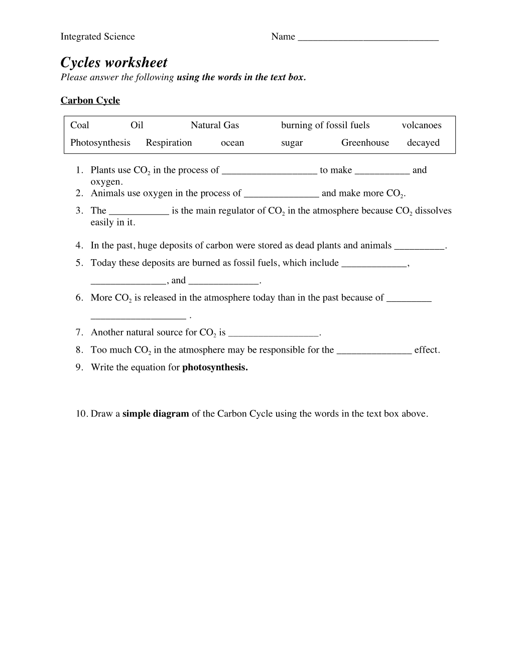 Cycles Worksheet Please Answer the Following Using the Words in the Text Box