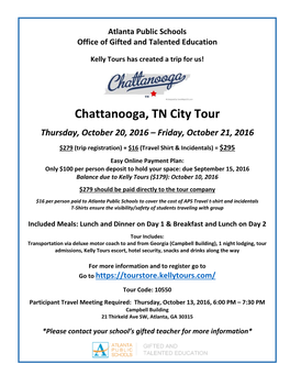 Chattanooga, TN City Tour Thursday, October 20, 2016 – Friday, October 21, 2016