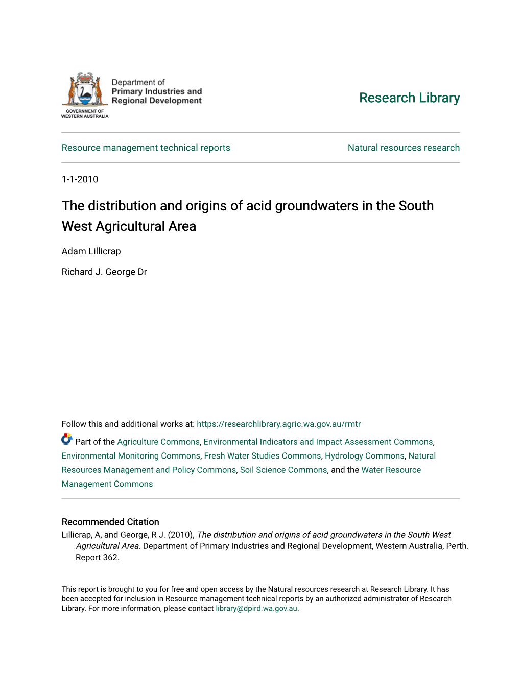 The Distribution and Origins of Acid Groundwaters in the South West Agricultural Area