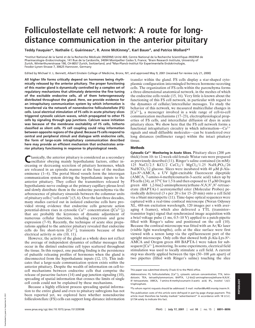 Folliculostellate Cell Network: a Route for Long- Distance Communication in the Anterior Pituitary