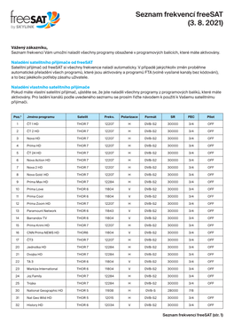 Seznam Frekvencí Freesat (3. 8. 2021)