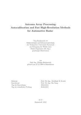 Antenna Array Processing: Autocalibration and Fast High-Resolution Methods for Automotive Radar
