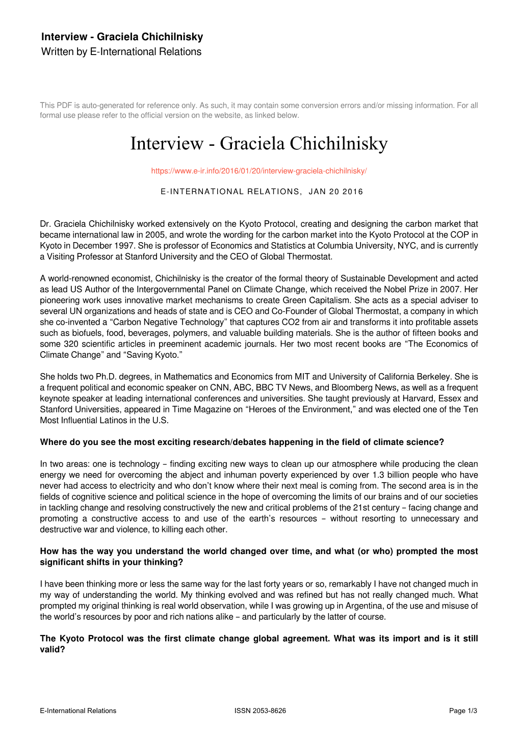Interview - Graciela Chichilnisky Written by E-International Relations