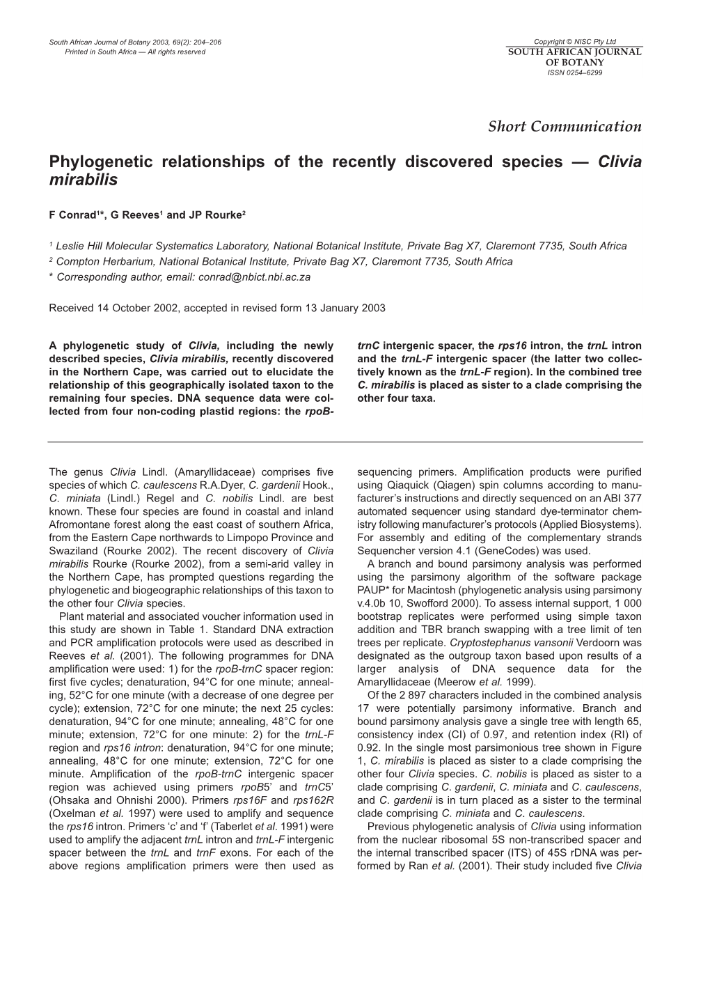 Phylogenetic Relationships of the Recently Discovered Species — Clivia Mirabilis