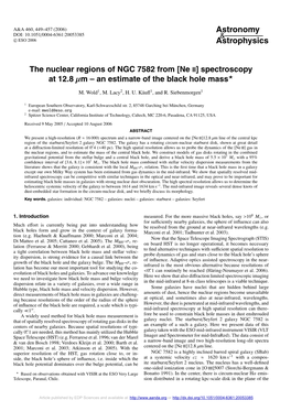 The Nuclear Regions of NGC 7582 from [Ne II] Spectroscopy at 12.8 Μm – an Estimate of the Black Hole Mass