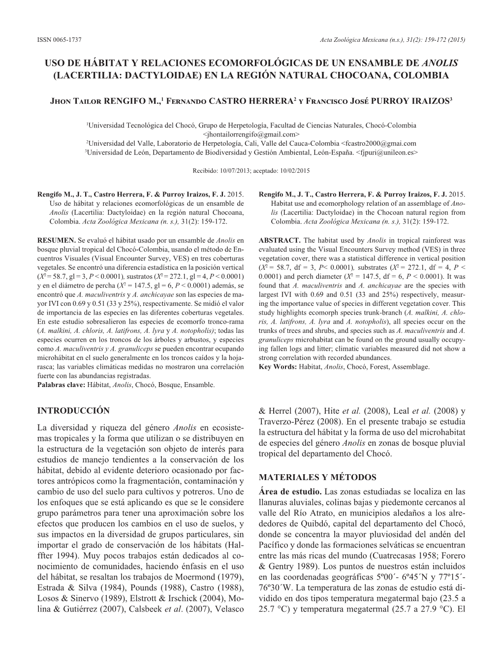 Uso De Hábitat Y Relaciones Ecomorfológicas De Un Ensamble De Anolis (Lacertilia: Dactyloidae) En La Región Natural Chocoana, Colombia