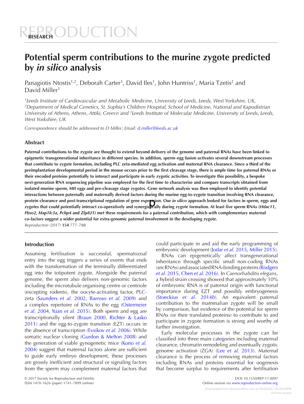 Potential Sperm Contributions to the Murine Zygote Predicted by in Silico Analysis