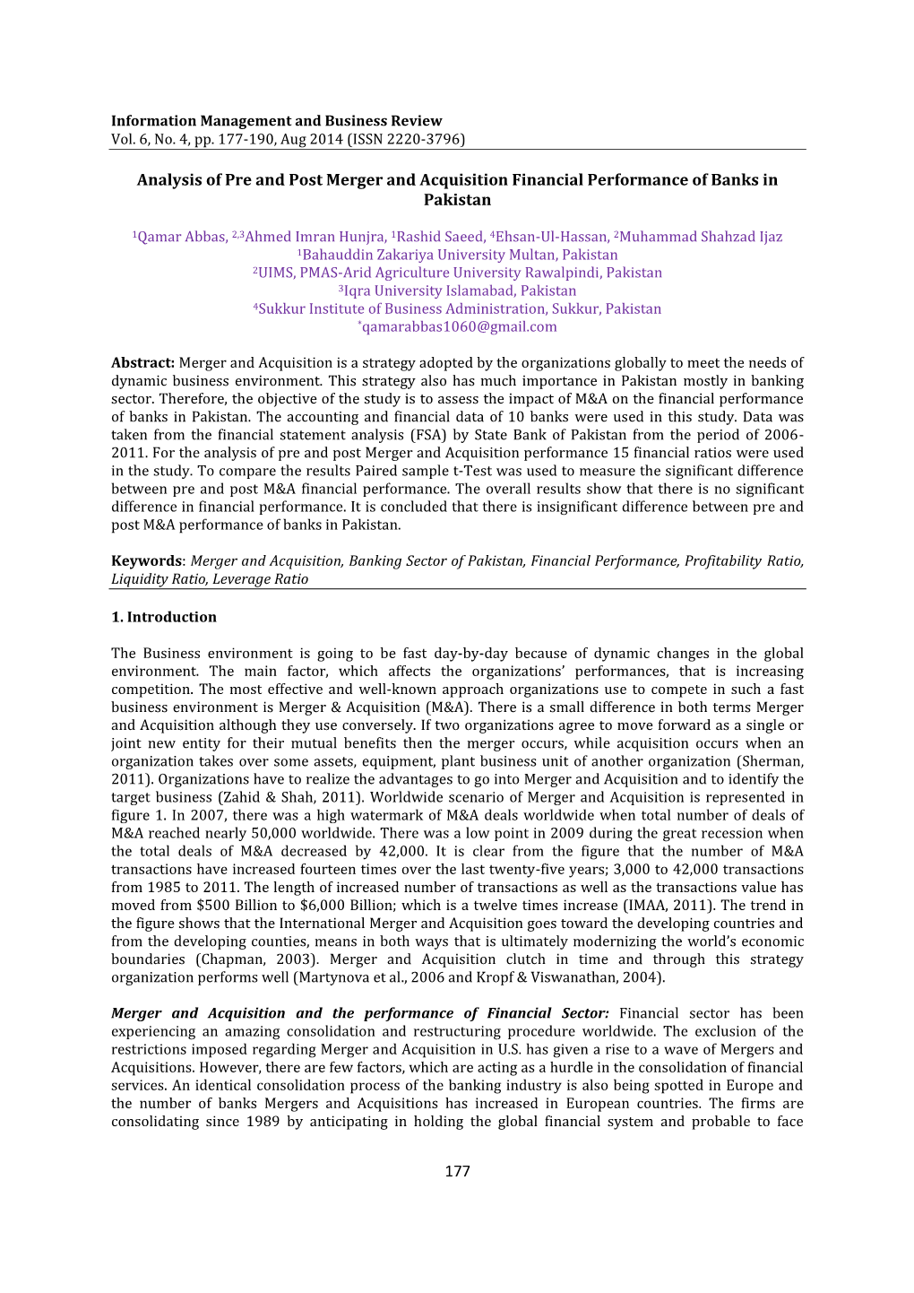 Analysis of Pre and Post Merger and Acquisition Financial Performance of Banks in Pakistan