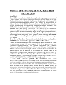 Minutes of the Meeting of RTA,Idukki Held on 31-05-2019