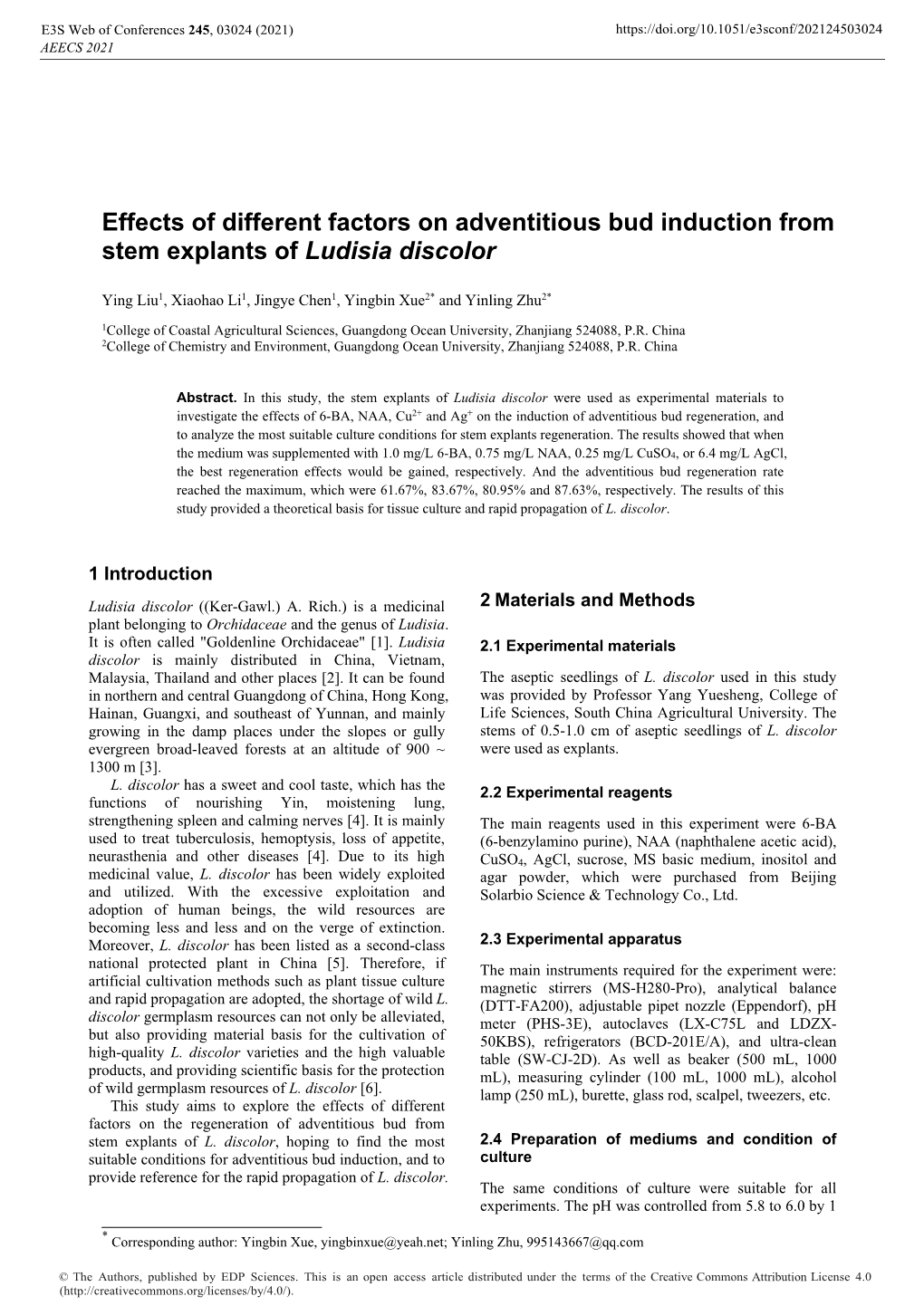 Effects of Different Factors on Adventitious Bud Induction from Stem Explants of Ludisia Discolor