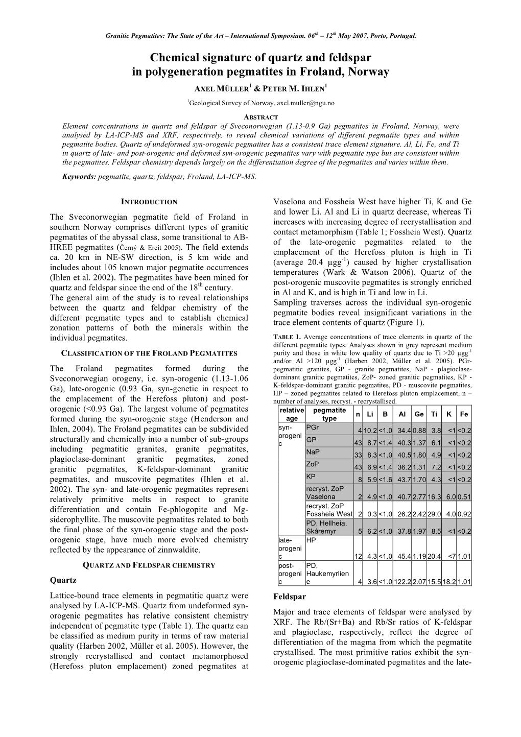 Chemical Signature of Quartz and Feldspar in Polygeneration Pegmatites in Froland, Norway 1 1 AXEL MÜLLER & PETER M