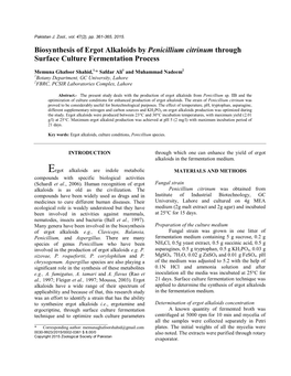 Biosynthesis of Ergot Alkaloids by Penicillium Citrinum Through Surface Culture Fermentation Process