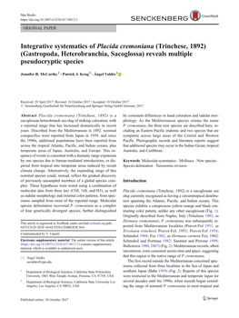 Integrative Systematics of Placida Cremoniana (Trinchese, 1892) (Gastropoda, Heterobranchia, Sacoglossa) Reveals Multiple Pseudocryptic Species