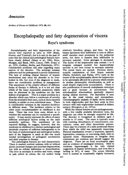Encephalopathy and Fatty Degeneration of Viscera Reye's Syndrome
