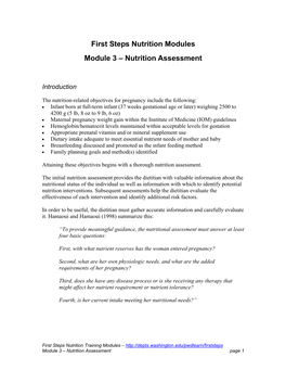 First Steps Nutrition Modules Module 3 – Nutrition Assessment