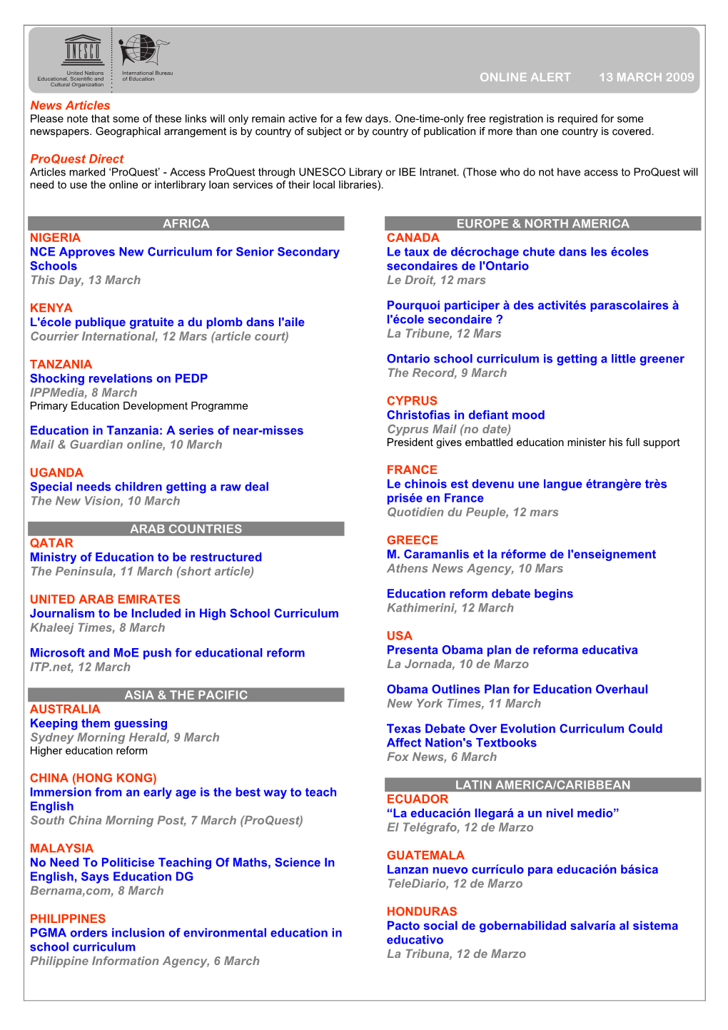 ONLINE ALERT 13 MARCH 2009 News Articles Proquest Direct