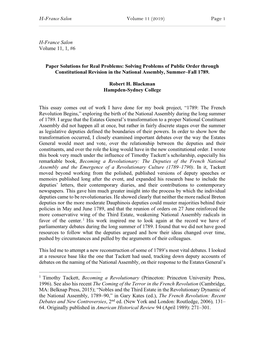 Paper Solutions for Real Problems: Solving Problems of Public Order Through Constitutional Revision in the National Assembly, Summer–Fall 1789