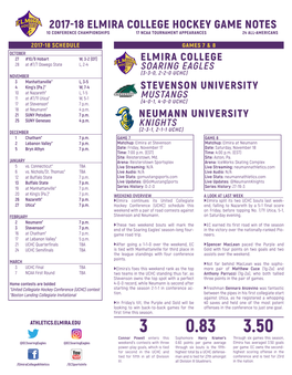 2017-18 Elmira College Hockey Game Notes 10 Conference Championships 17 Ncaa Tournament Appearances 24 All-Americans