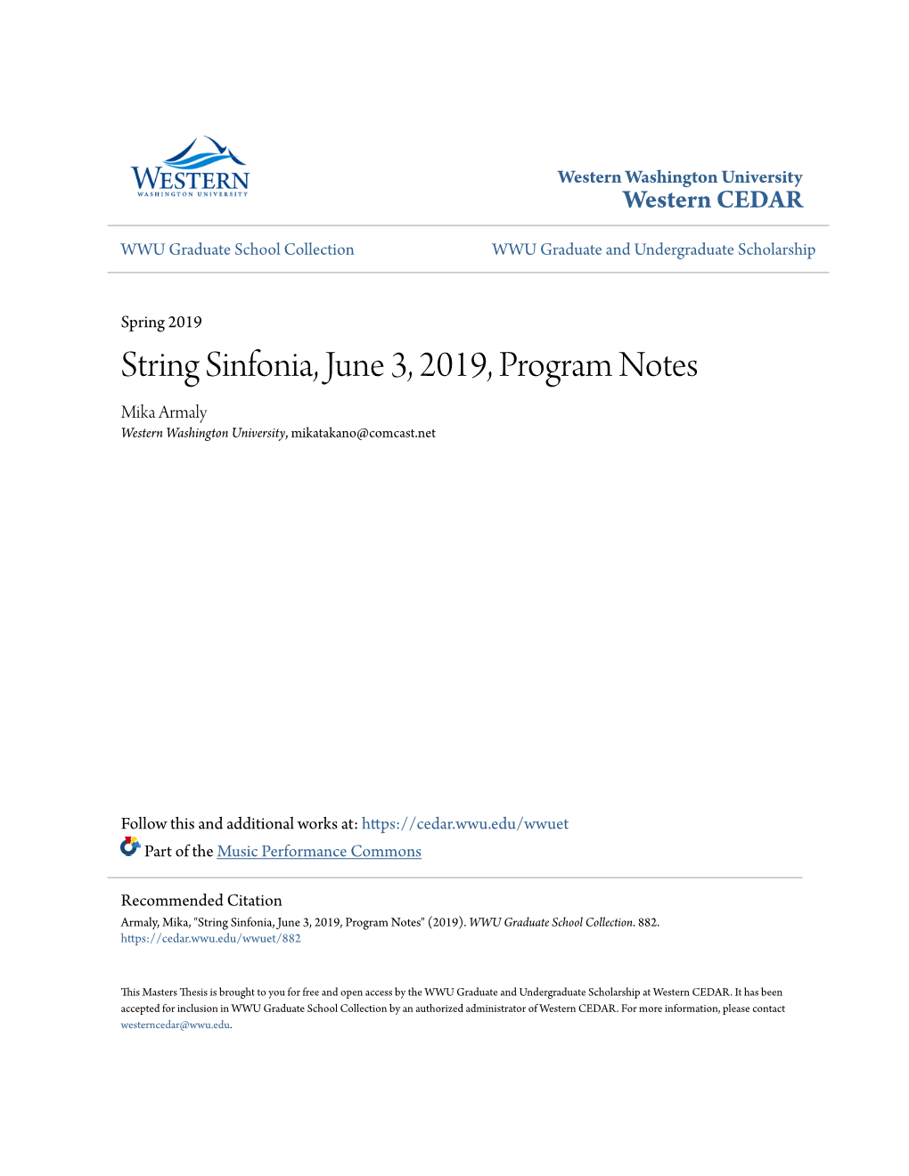 String Sinfonia, June 3, 2019, Program Notes Mika Armaly Western Washington University, Mikatakano@Comcast.Net