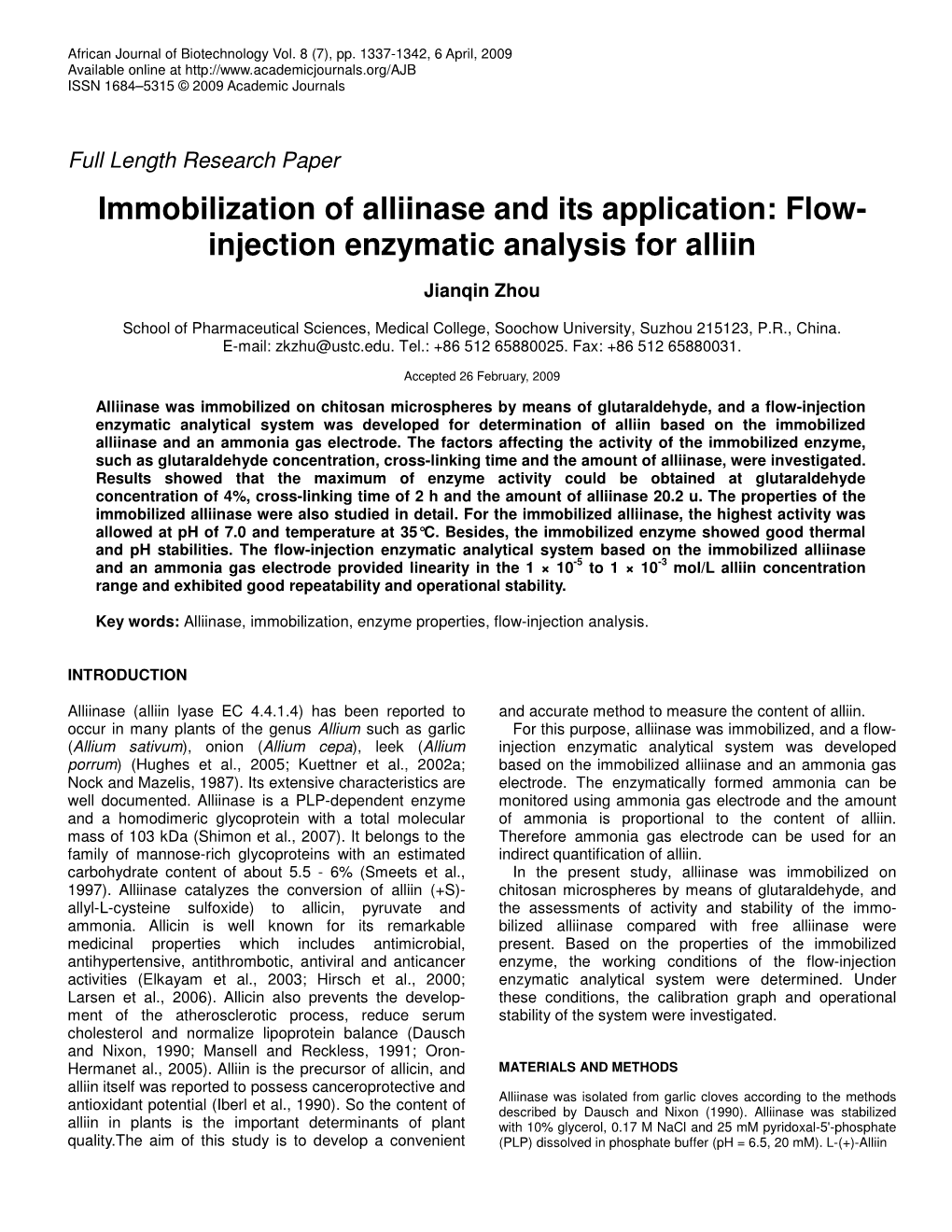 Immobilization of Alliinase and Its Application: Flow- Injection Enzymatic Analysis for Alliin