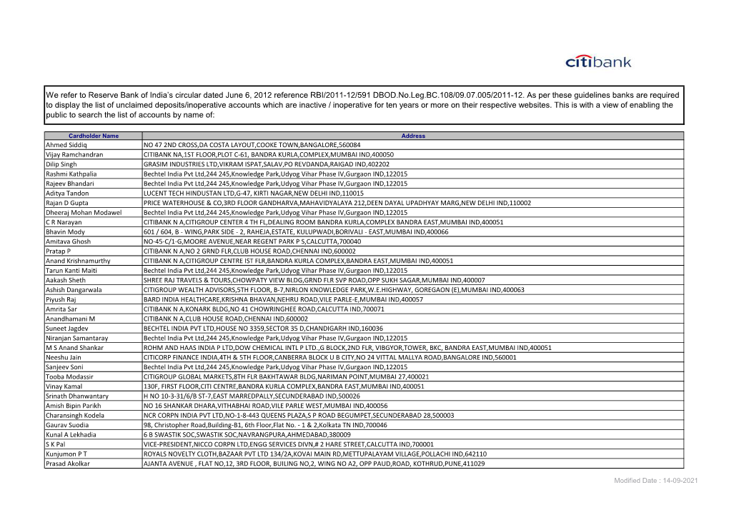 We Refer to Reserve Bank of India's Circular Dated June 6, 2012