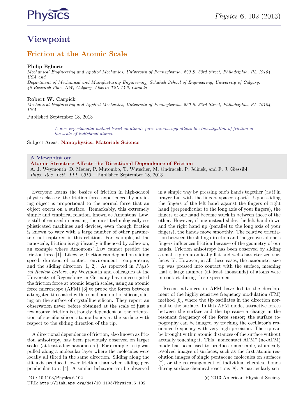 Viewpoint Friction at the Atomic Scale