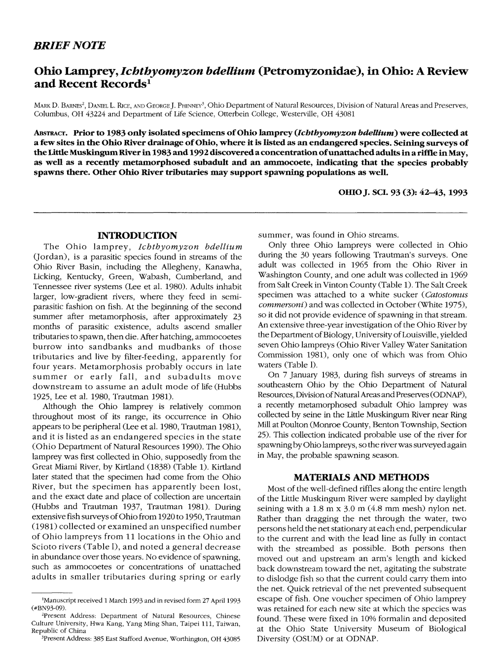 Ohio Lamprey, Ichthyomyzon Bdellium (Petromyzonidae), in Ohio: a Review and Recent Records1