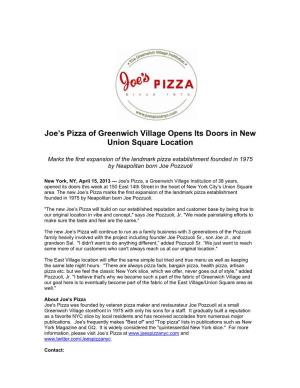 Original Joe's Pizza of Greenwich Village Expands to New Union