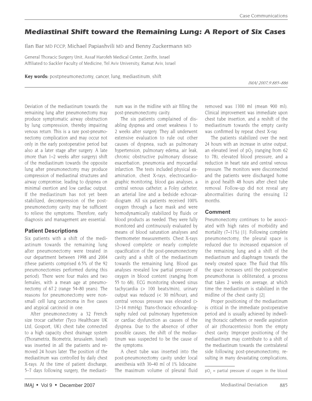 Mediastinal Shift Toward the Remaining Lung: a Report of Six Cases