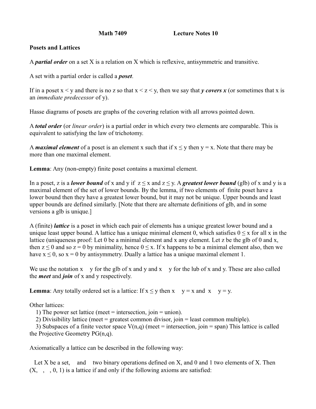 Math 7409 Lecture Notes 10 Posets and Lattices a Partial Order on a Set