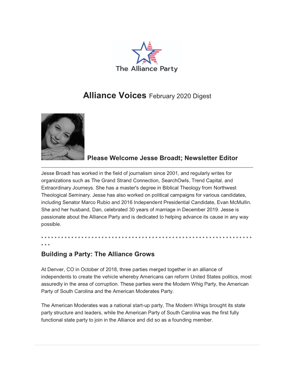 Alliance Voices February 2020 Digest Please Welcome