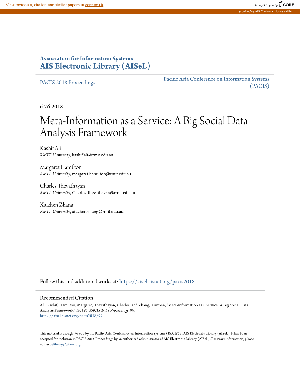 A Big Social Data Analysis Framework Kashif Ali RMIT University, Kashif.Ali@Rmit.Edu.Au