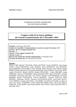 Compte-Rendu De La Séance Publique Du Conseil Communautaire Du 12