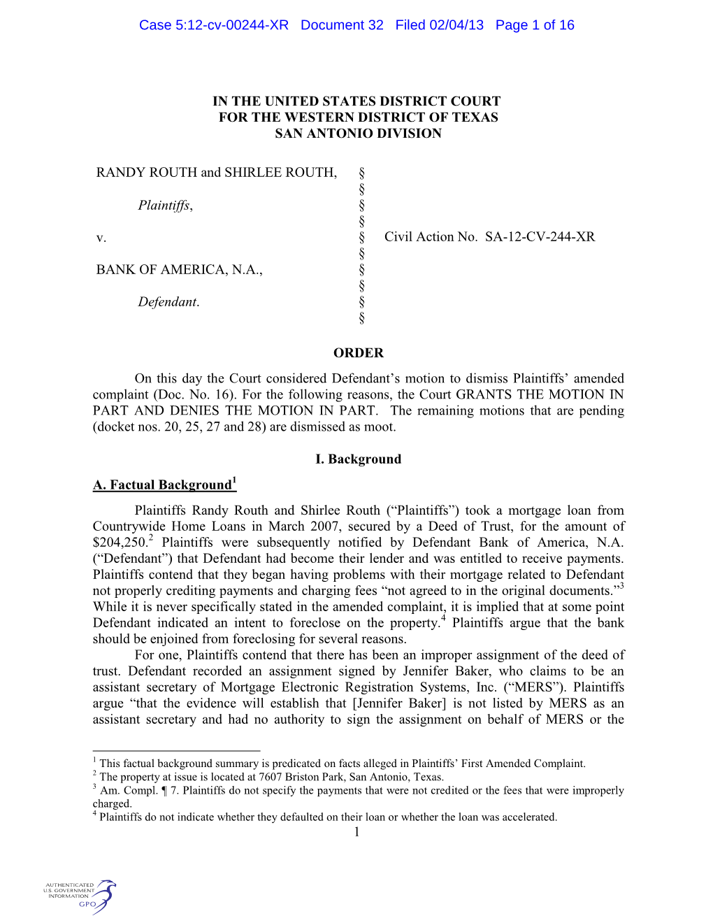 Case 5:12-Cv-00244-XR Document 32 Filed 02/04/13 Page 1 of 16