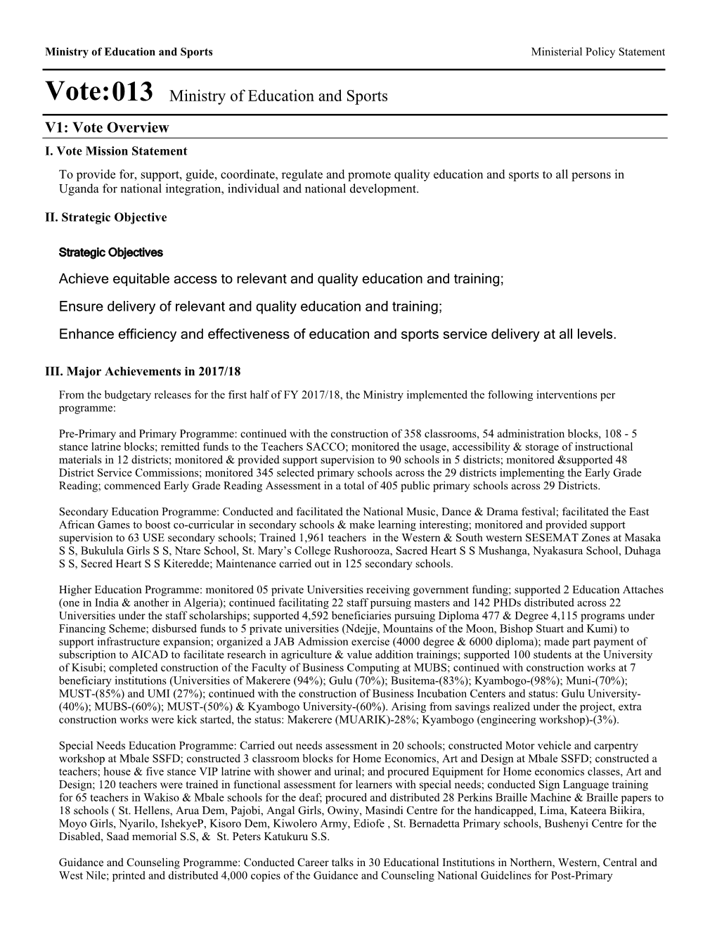 Vote:013 Ministry of Education and Sports V1: Vote Overview I