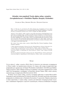 Aktualny Stan Populacji Tozzia Alpina Subsp. Carpatica (Scrophulariaceae) W Beskidzie Śląskim (Karpaty Zachodnie)